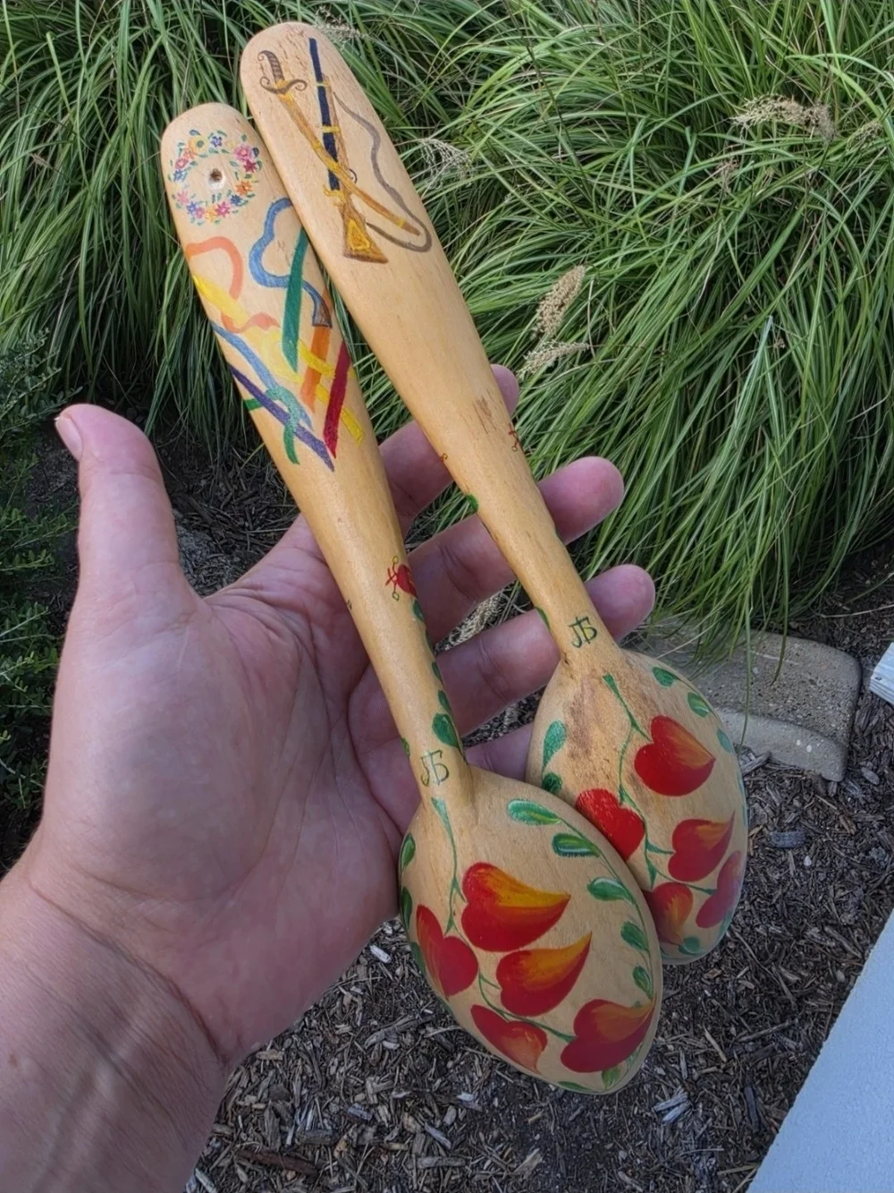 Ukrainian Folk Art Signed Pair Of Hand Painted Wooden Spoons Couple Wall Decor